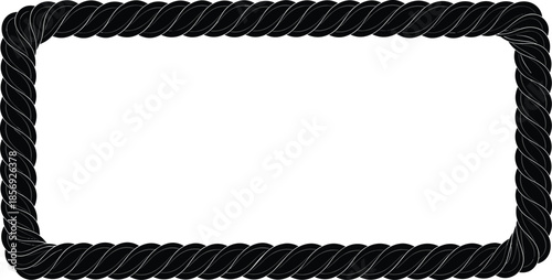 Twisted rope rectangular frame, nautical border design, black rope outline, decorative vector template, maritime style graphic, flat vector illustration