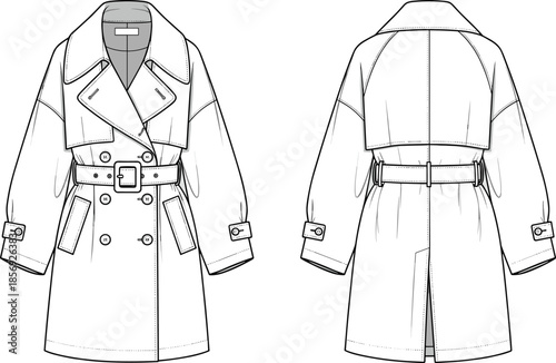 Trench coat technical sketch, front and back view, double-breasted fashion drawing, garment design template, apparel vector, flat vector illustration