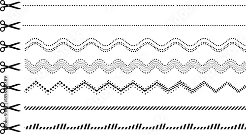 Scissors cut line styles, dotted and wavy borders, graphic trim indicators, crafting design elements, printable guides, flat vector illustration