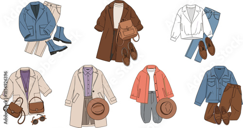 Stylish outfit flat lay collection, seasonal fashion combinations, coats, pants, accessories, wardrobe inspiration set, flat vector illustration