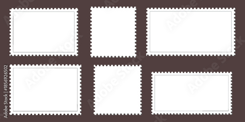 Blank postage stamp templates, perforated edge designs, white center stamps, rectangular and square shapes, graphic label set, flat vector illustration