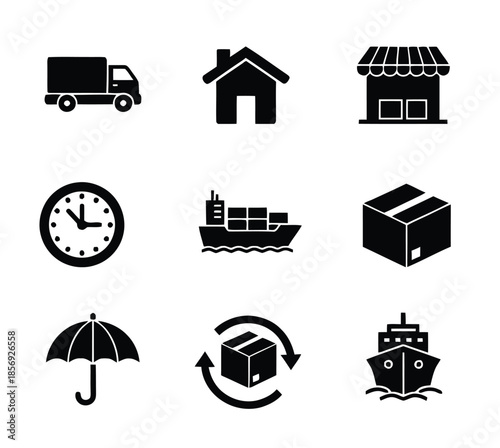 Logistics and Shipping Icons Set With Home, Shop, Time, Box, Ship, and Umbrella Imagery