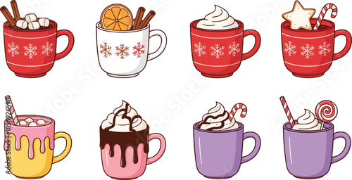 Cute winter hot chocolate mugs with whipped cream marshmallows and candy festive drink illustration set