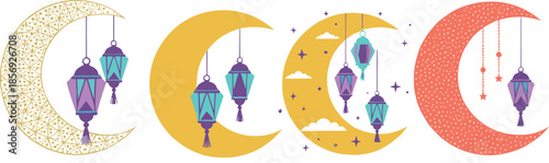 Decorative crescent moon and lanterns set ramadan kareem islamic night celebration illustration collection