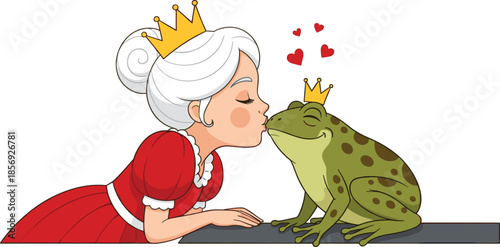 Fairy tale princess kissing frog prince love story romantic cartoon illustration fantasy characters set