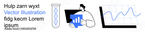 Data analysis, scientific research, biotechnology, DNA sequencing, laboratory work, technology concepts. A test tube with DNA, a researcher and a graph. Data analysis and scientific research theme