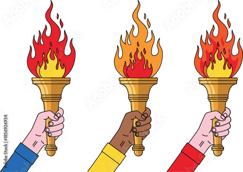 Hands holding flaming torch symbols unity freedom power victory and hope illustration set isolated