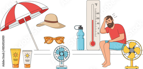 Heatwave summer essentials concept with sun protection cooling fans thermometer and man suffering from hot weather