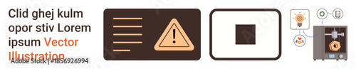 Industrial safety, manufacturing warnings, automation, industrial process, factory operations, hazard signs. Warning triangle and icons near a machine. Industrial safety and manufacturing warnings