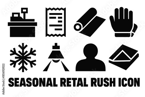 Brutalist Holiday Shopping Icons. Seasonal Retail Rush silhouette set: checkout counter, receipt slip, gift wrap roll, warm gloves, snowflake, soft spotlight, shopper silhouette,