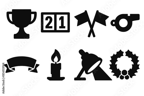 Festive Icon Competition. Festive Competition Setup silhouette set: trophy cup, scoreboard, team flags, whistle, ribbon strip, candle flame, soft spotlight, winter wreath
