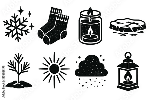 Winter Frost Icons. Winter Dawn Frost silhouette set: shimmering frost, wool socks, candle jar, icy ground, pine sprout, gentle beam, snow dust, small lantern