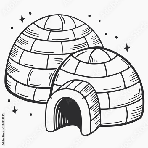 Igloo graphic illustration in black and white on a simple background  