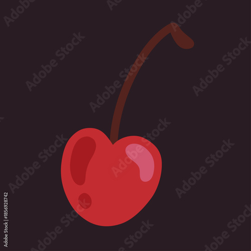 Bright red cherry with glossy highlights on a dark background. Simple fruity icon perfect for valentines day projects, dessert packaging, stickers, menu design and sweet summer branding.