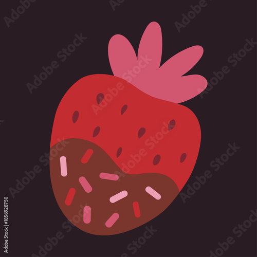 Strawberry dipped in chocolate with sprinkles on a dark background. Sweet valentine dessert illustration perfect for greeting cards, stickers, packaging, cafe menu and romantic social media posts.