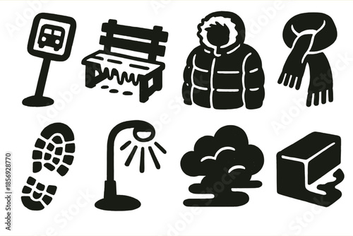 Cold Winter Icons. Chilly Transit Scenes silhouette set: bus stop sign, frosted bench, bundled coat, warm scarf, snow footprint, streetlight glow, cloud haze, frozen curb