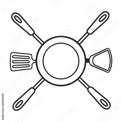 Culinary Essentials: A minimalist outline of essential kitchen tools and equipment, meticulously arranged, representing the heart of a home cook's culinary setup.