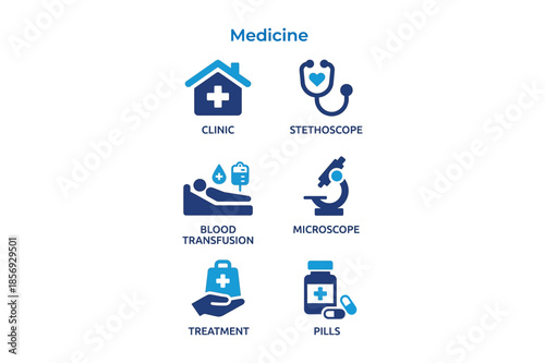 Medical Icons and Terms for Health Clinic Services and Equipment medicine stethoscope blood transfusion