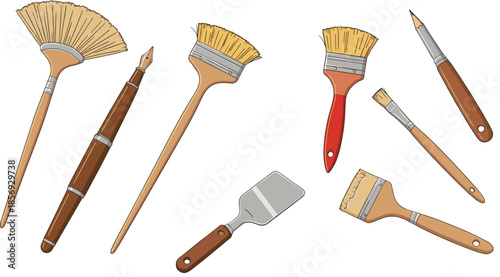Painting tools set with brushes scrapers and palette knives professional artist renovation illustration collection