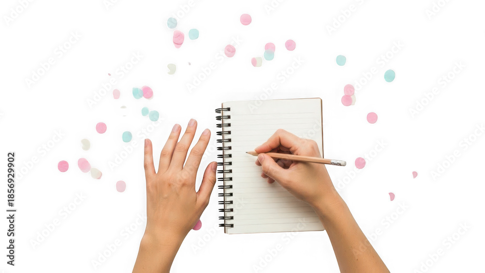 Obraz premium Creative hands writing in notebook surrounded by sparkling lights for inspiration and ideas