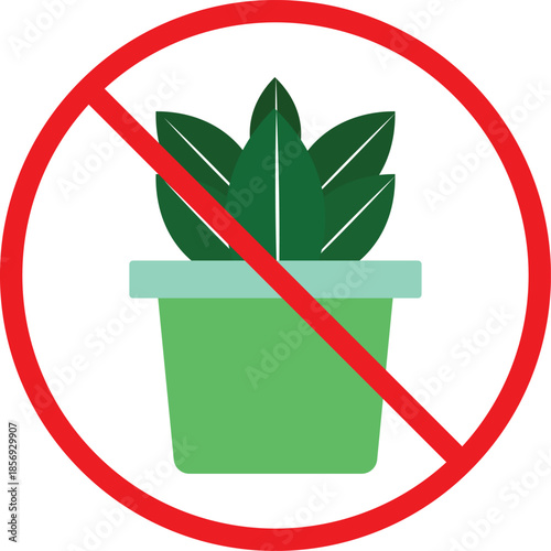 no indoor plant icon. Potted plant prohibition symbols. No vegetation graphic design. Floral restriction and cleanroom signs
