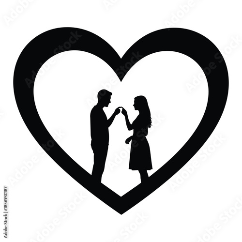 Romantic couple silhouette standing together inside heart shape