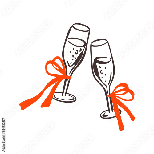 Hand drawn crayon doodle champagne glasses happy New Year celebration toast icon. Whimsical two wineglasses with red coquettish bow. Bachelorette cocktail party invitation design element illustration