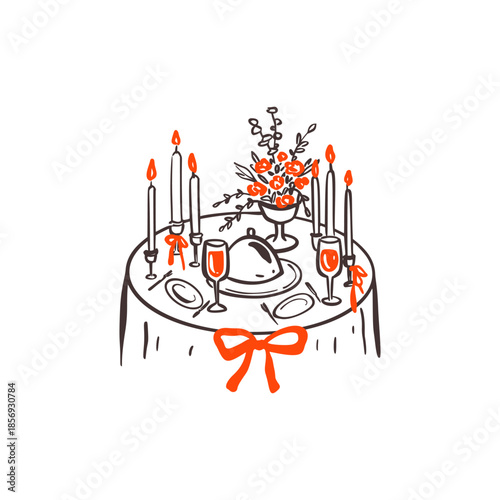 Hand drawn crayon doodle celebration dinner table in la dolce vita restaurant. Wedding, birthday party, romantic Valentines day, bachelorette dinner whimsical tableware decorated coquette bow candles