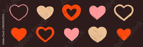 Red and pink chalk heart shapes collection with grunge texture. Love symbol doodles drawn on chalkboard for Valentine's Day, wedding, bachelorette, bridal shower designs and romantic art illustrations