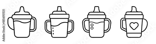 Baby sippy cup icon set. training drink bottle vector outline