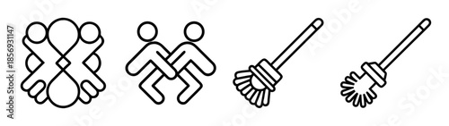 Line art icons set: community, connection, team, cleaning tools