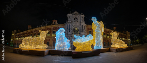 Monumental Christmas Heritage: Panoramic View of the Giant Illuminated Nativity Scene at Palacio de San Telmo, the Largest Light Display in Spain, Seville, Andalusia