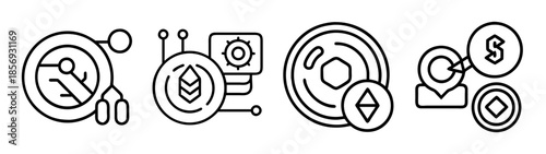 Cryptocurrency and blockchain concepts line icon set for digital finance.