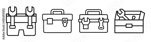 Toolbox and wrench line icons, repair kit vector illustrations