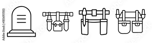 Gravestone, gardening, construction, utility tool belt line icons
