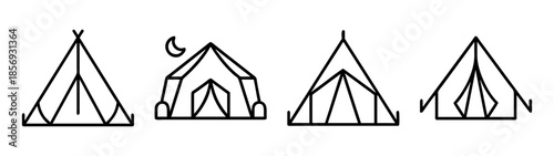 Camping tent line art icon set for outdoor adventure graphics