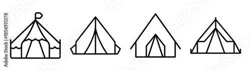 Collection of four distinct outline tent icons for outdoor themes.