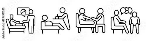 Psychotherapy and counseling sessions black outline icons set