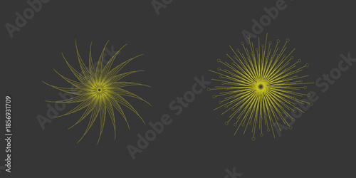 Abstract illustration of bright yellow particles radiating outward on a dark background