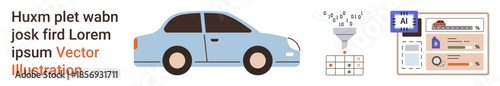 Data management, AI analysis, automation, technology innovation, transportation, digital tools. Image shows a car, a data funnel and a dashboard interface. Data management and AI analysis concept