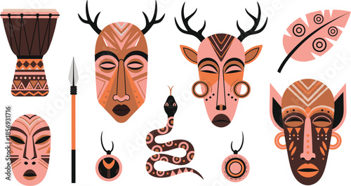 African Tribal Mask and Ethnic Symbol Vector Set with Traditional Patterns, Ritual Elements, and Cultural Decorative Icons
