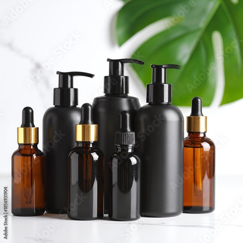 A collection of sleek black bottles featuring elegant gold caps, arranged artfully on a reflective surface, showcasing their luxurious design and shine.