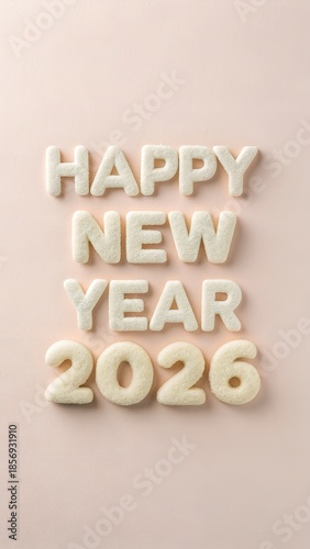 Close-cropped fluffy 3D typography “Happy New Year 2026”, creamy soft texture, minimal pastel background, aesthetic cozy vibe, vertical wallpaper