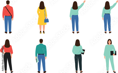 Back View People Characters Illustration Set, Male and Female Standing Poses, Flat Modern Vector Collection