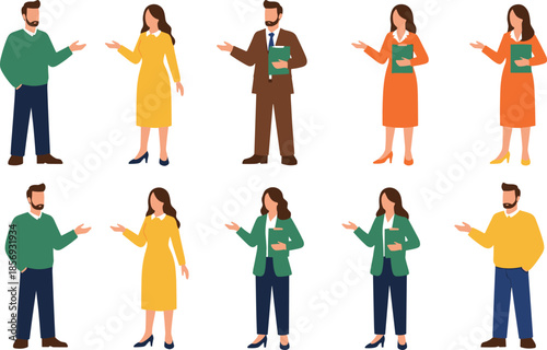 Business People Communication Gestures Flat Vector Set of Men and Women Presenting and Discussing Isolated on White Background