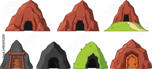 Cartoon cave entrances and rock hideouts vector set with fantasy mountain doors for game and adventure design