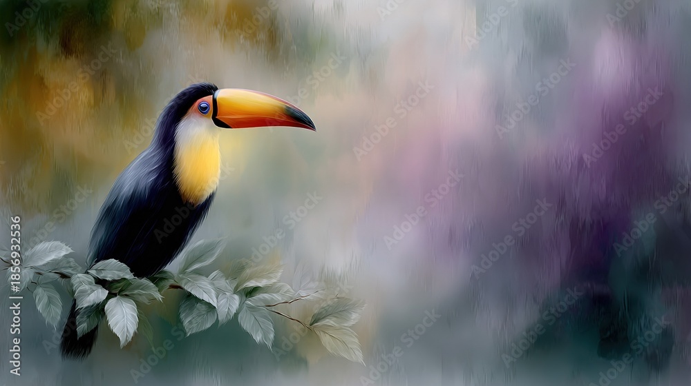 Fototapeta premium A sharp image of a vibrant toucan perched on a leafy branch against a clear, detailed background