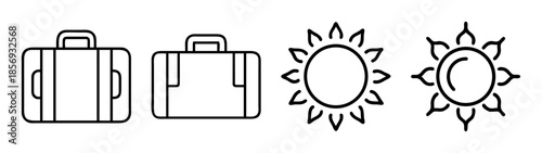 Summer travel vacation luggage and sun vector outline icons set