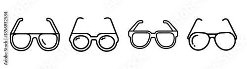 Outline icons of various stylish eyeglasses for vision and fashion needs