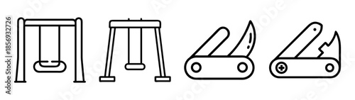 Playground swings and versatile multi-tool pocket knives line icons.